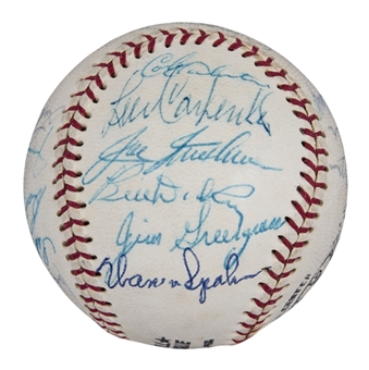 Old Timerss Reunion Multi Signed ONL Feeney Baseball With 22 Signatures Including Spahn, Mathews, Appling & Slaughter (JSA)